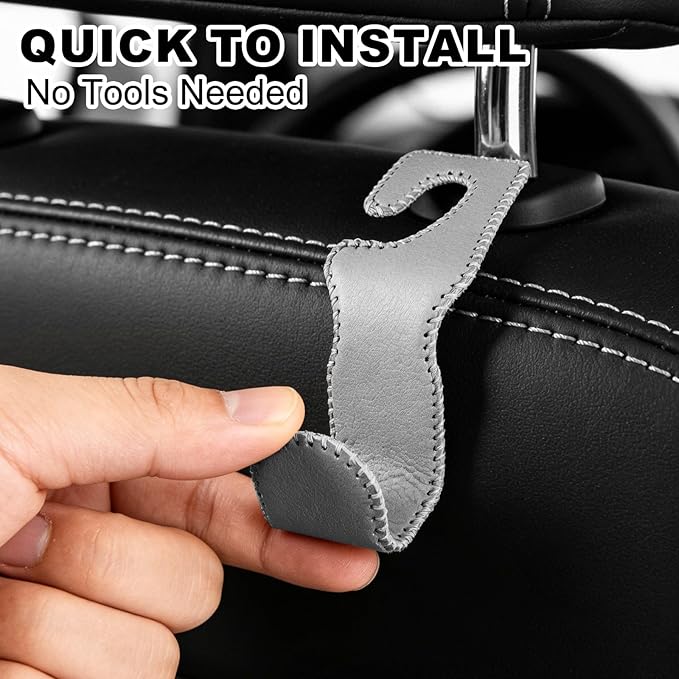 EldHus Car Seat Hooks for Purses and Bags, 2 Pack Car Purse Holder for Grocery Bag Handbag Clothes, Metal Headrest Hooks Covered by Leather, Gray