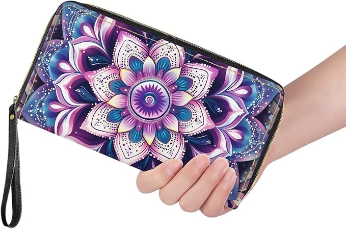 Bulopur Boho Mandala Womens Wallet Wristlet PU Leather Purple Floral Clutch Purses for Ladies Waterproof Phone Holder Zip Around