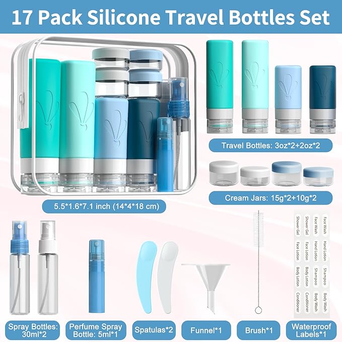 INSFIT Silicone Travel Bottles Set, 17 Pack Leakproof Travel Containers for Toiletries, Airplane Travel Essentials