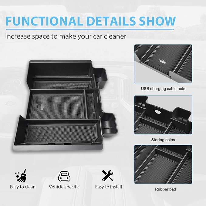 Center Console Organizer Compatible with 2019-2022 Chevy Silverado/Sierra 1500 and 2020-2023 Silverado/Sierra 2500HD 3500HD Accessories Armrest Full Size Tray,Full Console w/Bucket Seats ONLY,Black