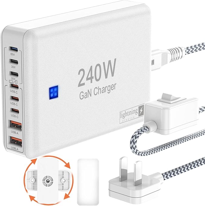 USB C Charger Block 240W, 8-Port Charging Station for iPhone/Ipad/MacBook, 6C2A PD GaN Charger Box, USB Tower Hub with Flat Plug, Travel Essentials