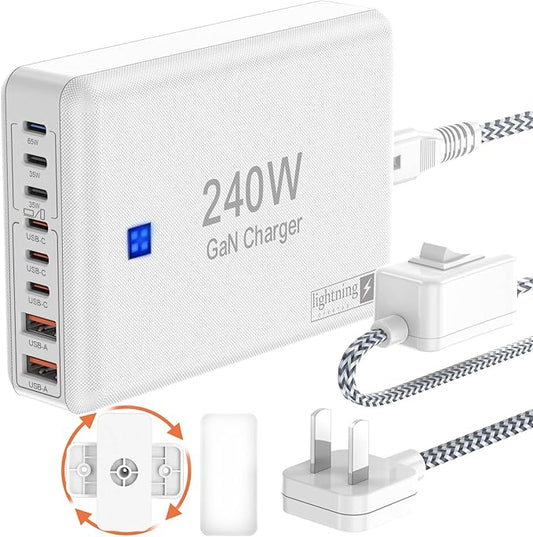 USB C Charger Block 240W, 8-Port Charging Station for iPhone/Ipad/MacBook, 6C2A PD GaN Charger Box, USB Tower Hub with Flat Plug, Travel Essentials