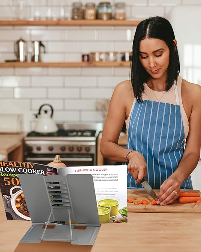 Blizzow Desk Book Stand Holder - Hands Free, Adjustable Metal Stand, Foldable Portable for Cookbook, Recipe, Tablet, Music, Documents (Grey)