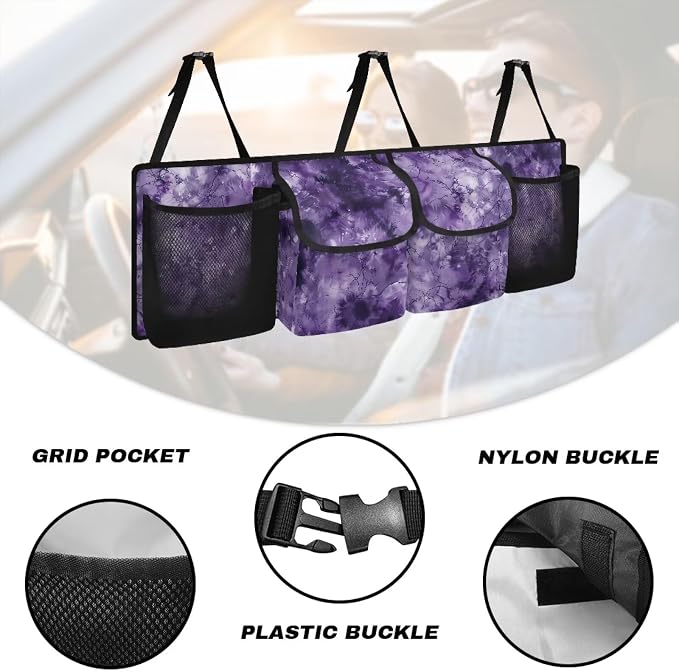 Purple Tie Dye Car Trunk Organizer Backseat Cargo Storage Bag with Elastic Net Collapsible Pouch SUV, Truck, MPV Car Accessories