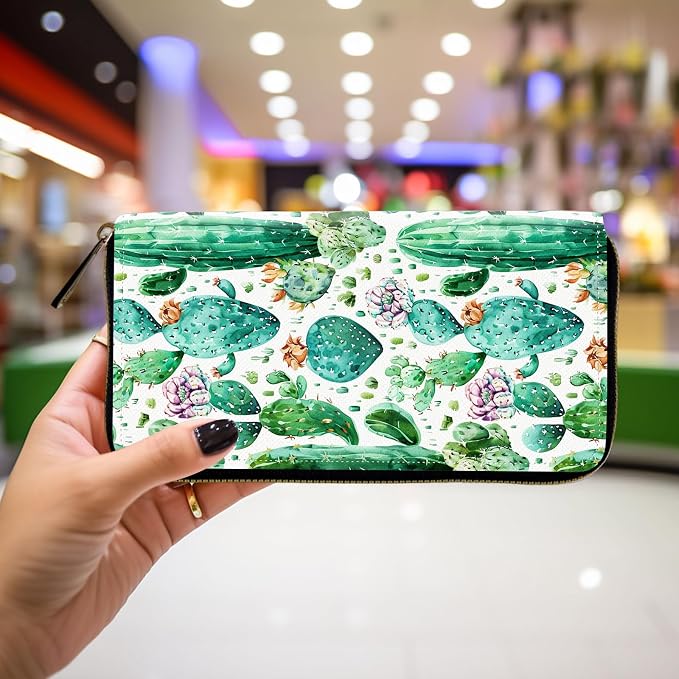 Wallet,Leather Long Wallet Suitable For Ladies And Teenagers - Detachable Wristband + RFID Travel Wallet With Card Slot - Cute Cactus
