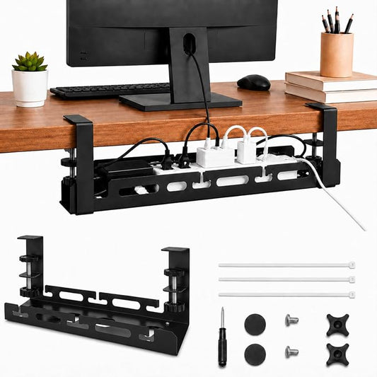 Under Desk Cable Management Tray, 15.75" No Drill Clamp-On Metal Cable Tray for Power Strip, Compact Under Desk Cord Organizer and Wire Management Holder for Office, Gaming Desk, Standing Desk