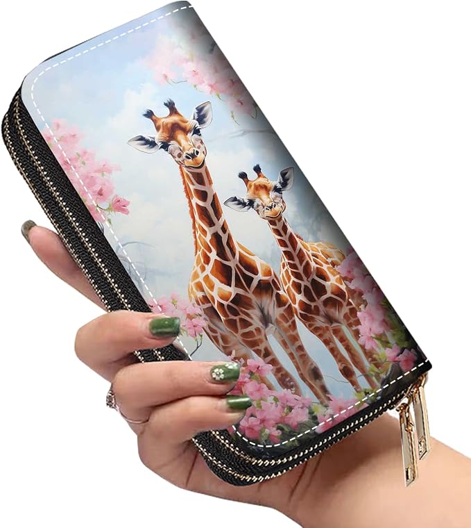 Women's Large Capacity Wallet PU Leather Double Zipper Clutch Purse Multifunctional Wallet with Removable Wristlet Strap for Smart Phone/Coin/Card/Cash, Giraffe