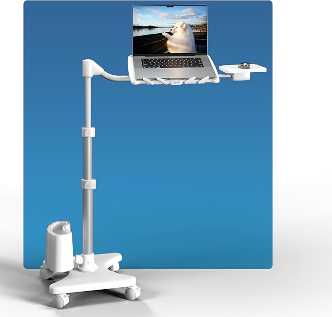 LEVO G2 Deluxe Adjustable Laptop Stand ??Rolling Computer Desk & Ergonomic Table for Bed, Sofa, or Office ??Portable Mobile Workstation with Tilt ??Fits Devices up to 16??- Silver & White
