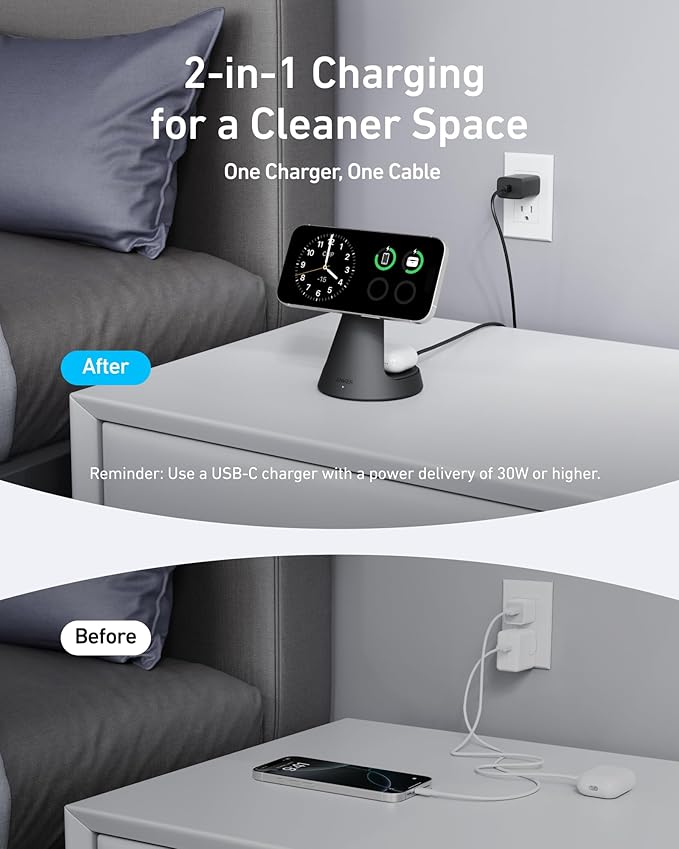 Anker MagSafe Compatible 2-in-1 Charging Stand, iPhone 16 Wireless Charger, Qi2 Certified 15W Ultra-Fast,Adjustable and Super Strong,for iPhone 16/15/14/13/12 Series,AirPods (Black, No Adapter)
