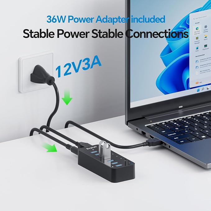 Powered USB 3.0 Hub, 7-Port USB Data Hub with 1 BC1.2 Port and 36W Power Adapter, USB Splitter for Laptop, PC, Desktop, External HDD, and Mobile Devices