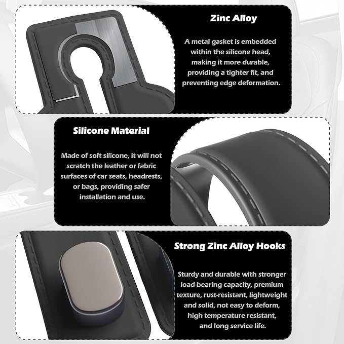 Car Seat Headrest Hooks, Leather Car Bag Purse Holder with Double Metal Hooks for Handbags, Double Hook Car Seat Hooks for Hanger Purses and Bags