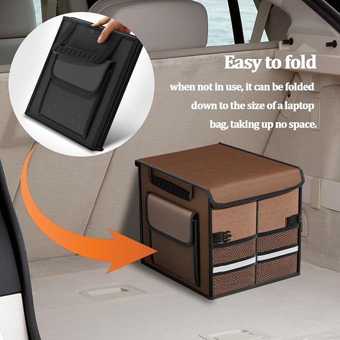 HZEL Car Trunk Organizer with Lid, Foldable Slip Resistant Multi-Compartment Vehicle Cargo Storage Box, Collapsible Waterproof Automotive Trunk Organizer, Universal for SUV Van Truck (Coffee)