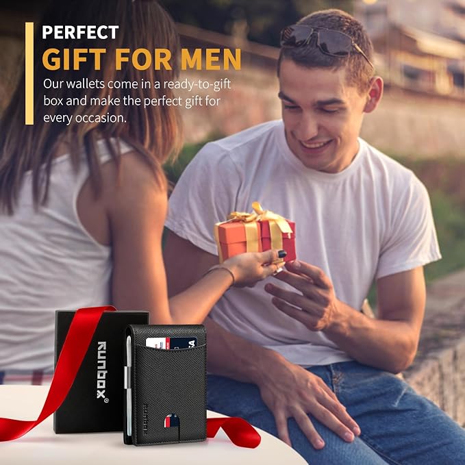 RUNBOX Slim Money Clip Wallets for Men and Teen Boys RFID Blocking 11 Card Holder Minimalist Small Leather Bifold Novelty Men's Wallet Front Pocket Gift Box