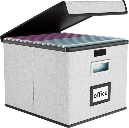 File Organizer Box with Lid, Collapsible File Folder Organizer for Office Document Storage, Filing Box with Plastic Slide for Letter Size Hanging File Folders(1 Pack, Light Grey)