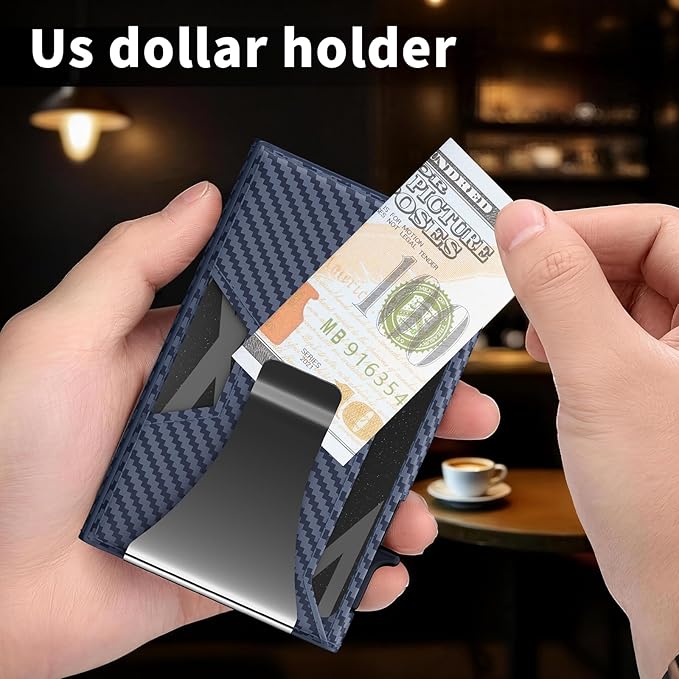 Wallet for Men Slim Minimalist Pop-up Smart Holds 5-6 Cards - RFID Blocking Metal with Money Clip, Credit Card Holder & ID Window,Business Card Cases, men accessories (Carbon Blue)