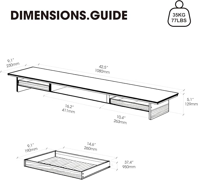 Fenge 42.5??Dual Monitor Stand with 2 Drawers, Metal Wood Monitor Riser with Acrylic Legs, 2-Tier Desktop Shelf Storage Organizer for Computer, Laptop, Printer, TV, White