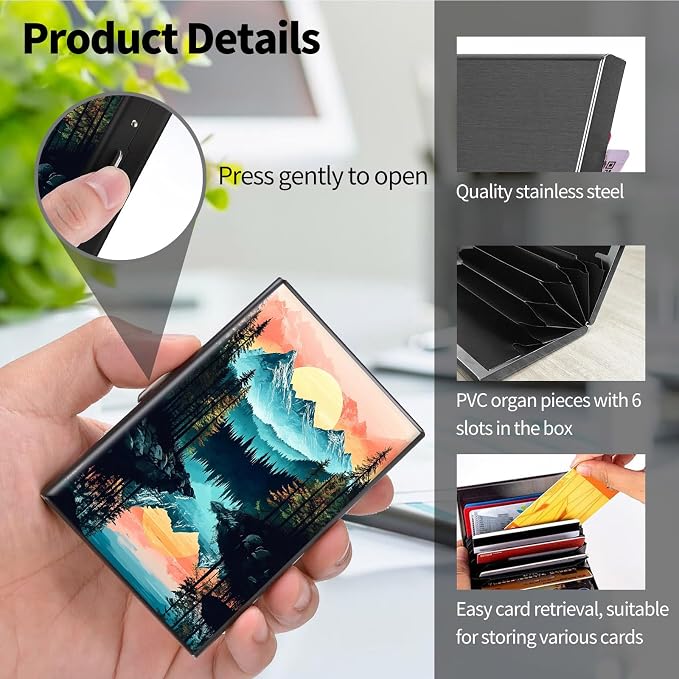 Metal Wallet for Women Men Girls, RFID Blocking Slim Aluminum Credit Card Holder, Mini Travel Wallet with Hard Shell, Lightweight ID & Business Card Case,Mountain Forest Trees
