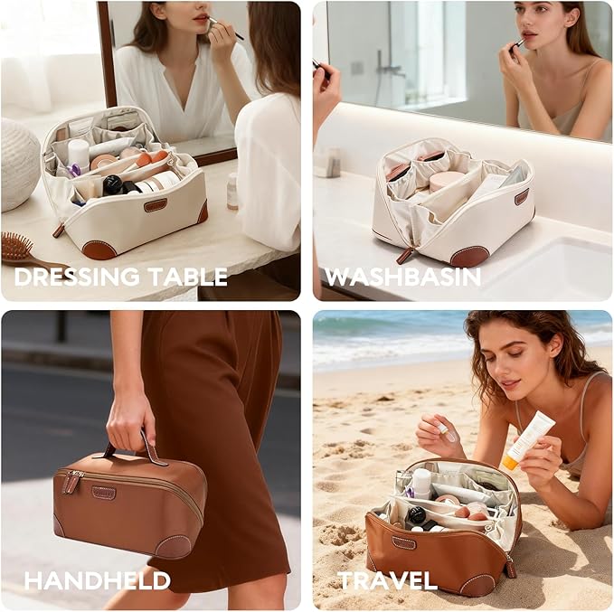 GIVLEFLY Makeup Bag for Women, Large Cosmetic Bag, Travel Toiletry Bag, Waterproof Nylon Organizer with Microfiber Leather, Flat Open for Skincare & Brushes