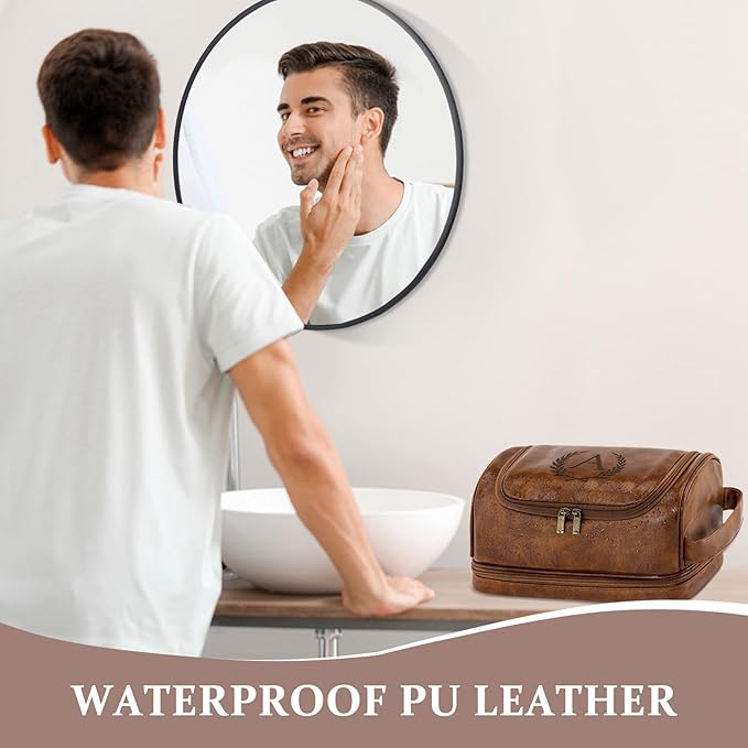 Personalized Mens Toiletry Travel Bag Groomsmen Gifts Best Man Proposal Gifts Bachelor Party Favor, Waterproof PU Leather Shaving Bag for Toiletries Accessories Travel Essential, Light Brown B