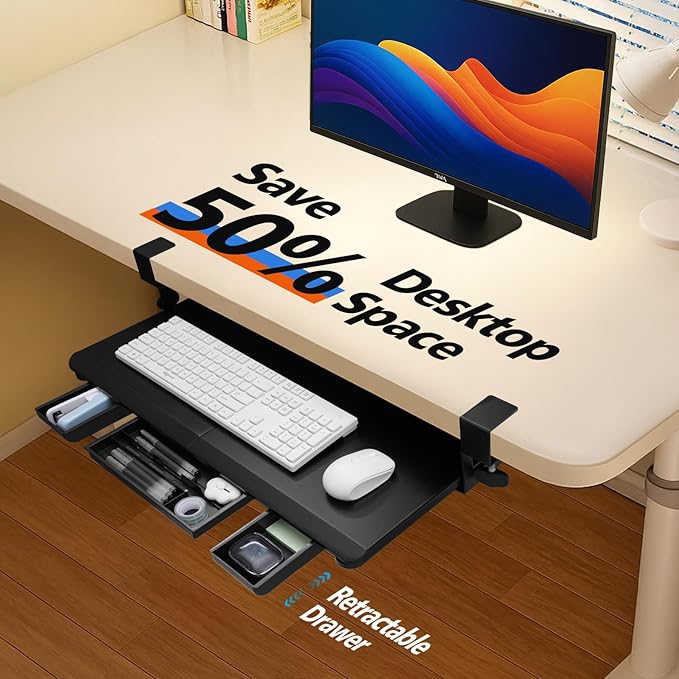 Large Keyboard Tray Under Desk Slide Out with Sturdy C-Clamp Mount and Storage Drawer, 27" (31" Including Clamps) x 12" Ergonomic Keyboard Trays for Home and Office, Black