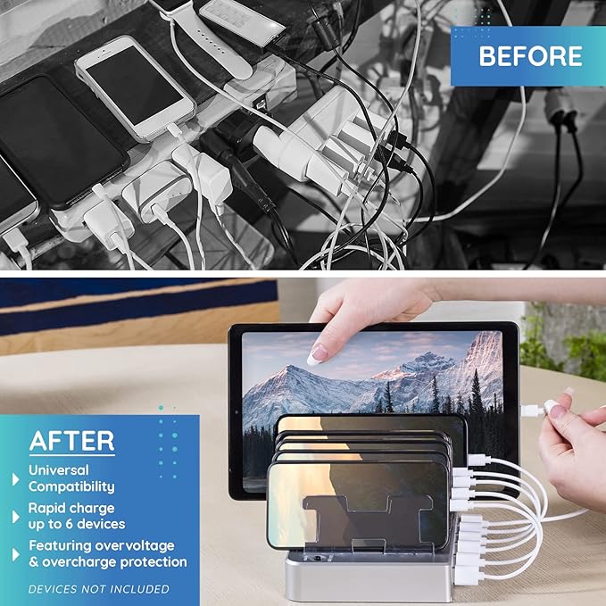 Charging Station for Multiple Devices, 6-Port USB Fast Charger with 6 Mixed Cables, Multi-Device Charging Dock for iPhone, iPad, Android Phones, Tablets, Kindle (Silver, Desktop & Wall Mount)