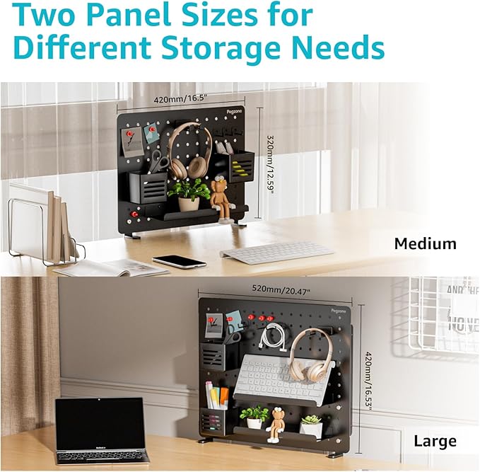 Clamp-on Desk Pegboard, Desk Organizer for Office Gaming Home, Magnetic Metal Peg Board with 15 Accessories, Privacy Panel for Office, 20.4" x 16.5", Large, Black