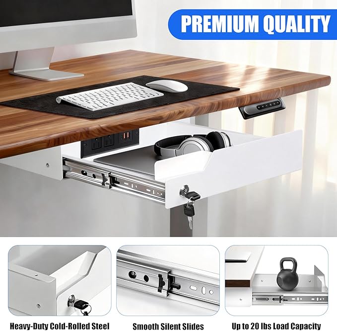 Under Desk Drawer Storage with Lock, Metal Undermount Table Drawer, Ball Bearing Slides Out Tray Organizer for Paper, Pencil, and Laptop,16"x11.8"x3.6", Black With Power Strip