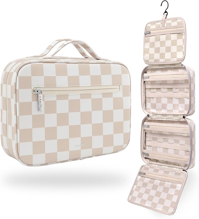 VANDEL Waterproof Hanging Toiletry Bag [TSA-Approved] Hanging Makeup Organizer Bag, Cosmetic Travel Bags for Women, Makeup Case Toiletries Organizer Hygiene Bathroom Shower Caddy - Neutral Checker