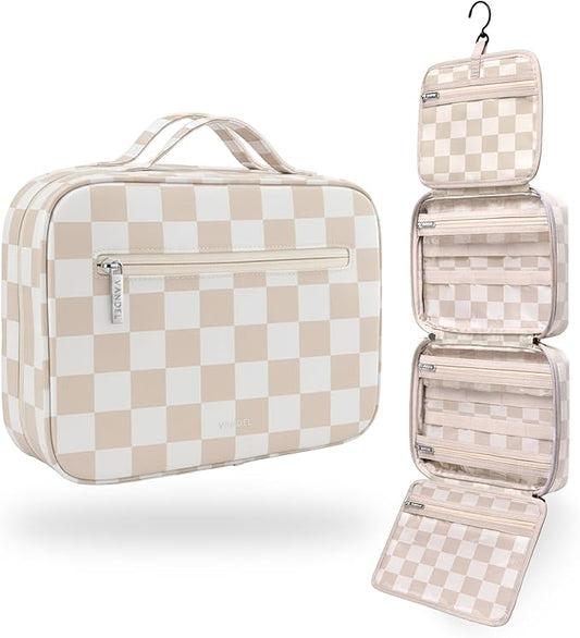 VANDEL Waterproof Hanging Toiletry Bag [TSA-Approved] Hanging Makeup Organizer Bag, Cosmetic Travel Bags for Women, Makeup Case Toiletries Organizer Hygiene Bathroom Shower Caddy - Neutral Checker
