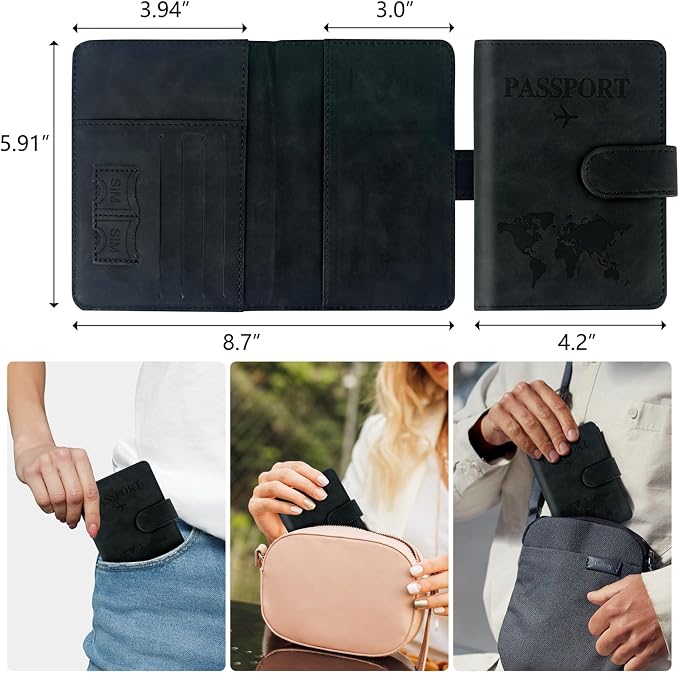 Passport Wallet Holder - Slim Travel Organizer Cover for Women & Men, Essentials Accessory (Black)