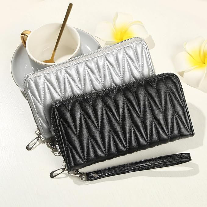 Women's Zip Wristlet Wallet - Large Capacity RFID Blocking Clutch Purse Quilted Soft Vegan Leather Travel Organizer