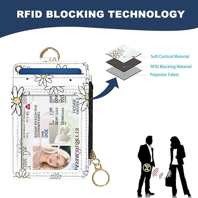 Slim Wallet Credit Card Holder, White daisy V, RFID Wallet Women Cute Small Front Pocket Wallet With Zipper, PU Leather Thin travel RFID Blocking Card Case ID Window,Ladies Gifts