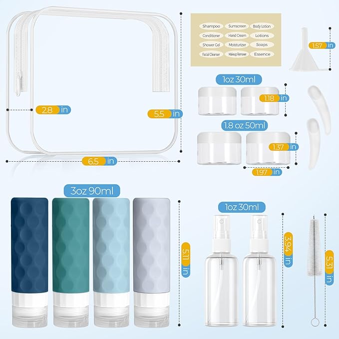 Silevoler 16pack Travel Bottles for Toiletries, TSA Approved Travel Size Containers Set, Leak Proof Refillable Liquid & Creams Toiletries Accessories Kit W/Toiletry Bag (Mint Green)