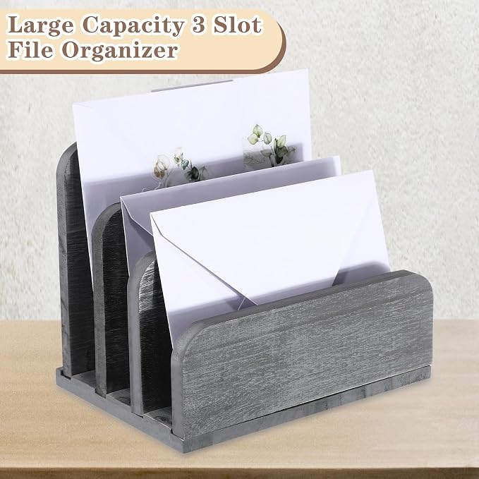 Briwooody Wooden Mail Organizer 3 Slots Mail Holder for Desk Wood File Paper Letter Holder for Letter Envelope Filing Cell Phone Document Storage, Organizer Tray for Office and Home(Grey)