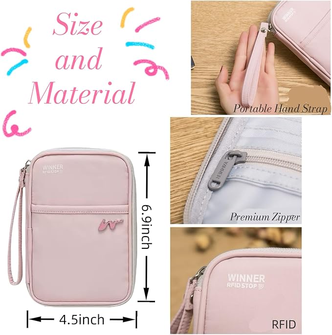 P-H1 Travel Family Passport Holder RFID Blocking Passport Waterproof Wallets for Men Women Travel Document Organizer Cards Case, Lightweight Portable Passport Cover with Zipper Pocket (Pink)