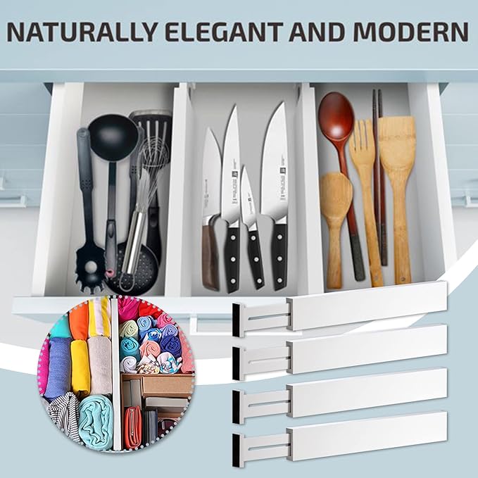4 Pack Bamboo Drawer Dividers 2.6" High, Adjustable Length from 12 Inch to 17 Inch, Expandable Kitchen Drawer Organizer Separators for Clothes, Kitchen, Bedroom, Dresser, Office (White)