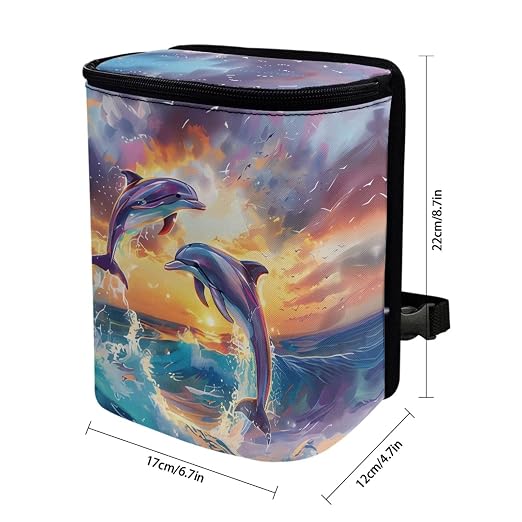 Biyejit Sunset Dolphins Car Trash Can Bin for Back Seat Leak Proof, Cute Trash Bag Hanging for SUV Truck Van, Automotive Vehicle Garbage Cans Front Seat