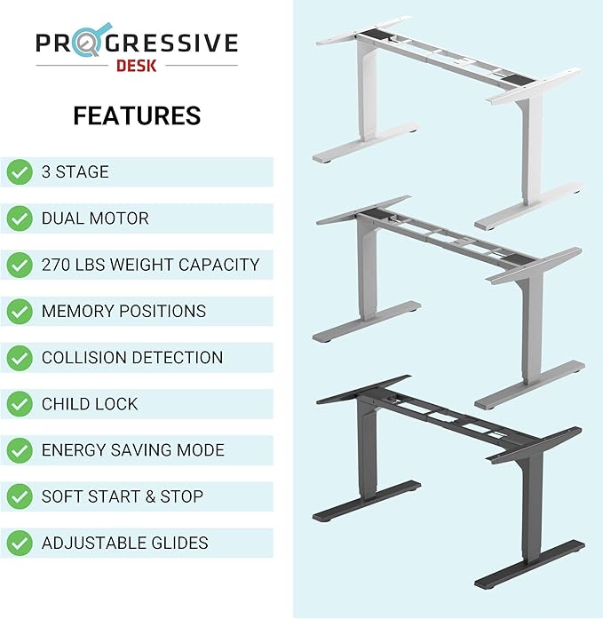 PROGRESSIVE AUTOMATIONS Electric Standing Desk Frame Dual Motor - Adjustable Height and Width, 3 Stages Legs for sit Stand Home Office Desks Suites Tops from 48" to 73" FLT-02 Black