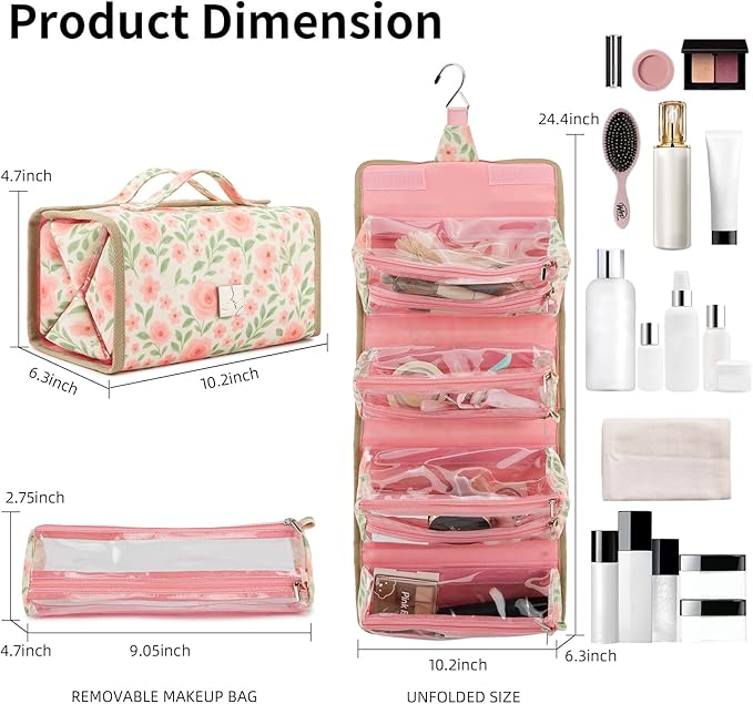 ROYALFAIR Roll Up Makeup Bag, Travel Toiletry Bag for Women with 4 Clear TSA Approved Pouches, Hanging Travel Organizer, Folding Cosmetic Bag for Men and Women