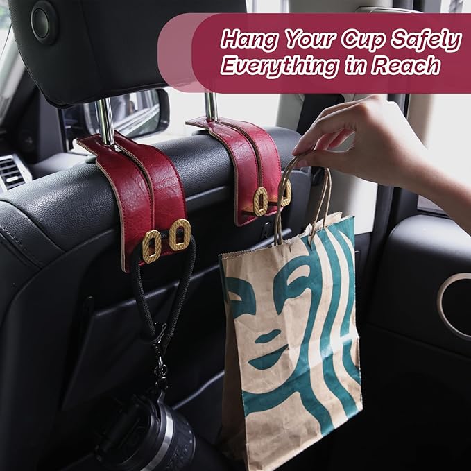 Car Headrest Hooks Universal Car Purse Twin Hook Premium Red Leather and Golden Alloy Seat Back Storage Hanger for Purse Bags Cloth Drink Durable Holder Automotive Accessories