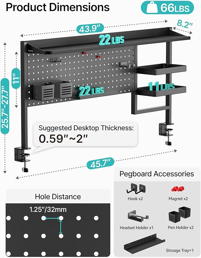 44" Clamp on Desk Shelf, Desktop Shelving System, Bundle with 8 Pieces Accessories, Black