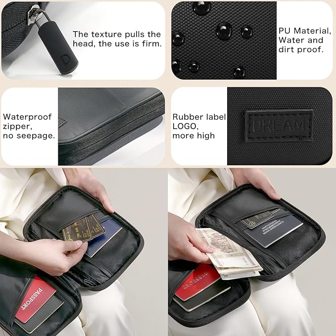 Waterproof Passport Holder, RFID Blocking Wallet, Portable Travel Document Organizer for Men & Women, Travel Essentials (Black)