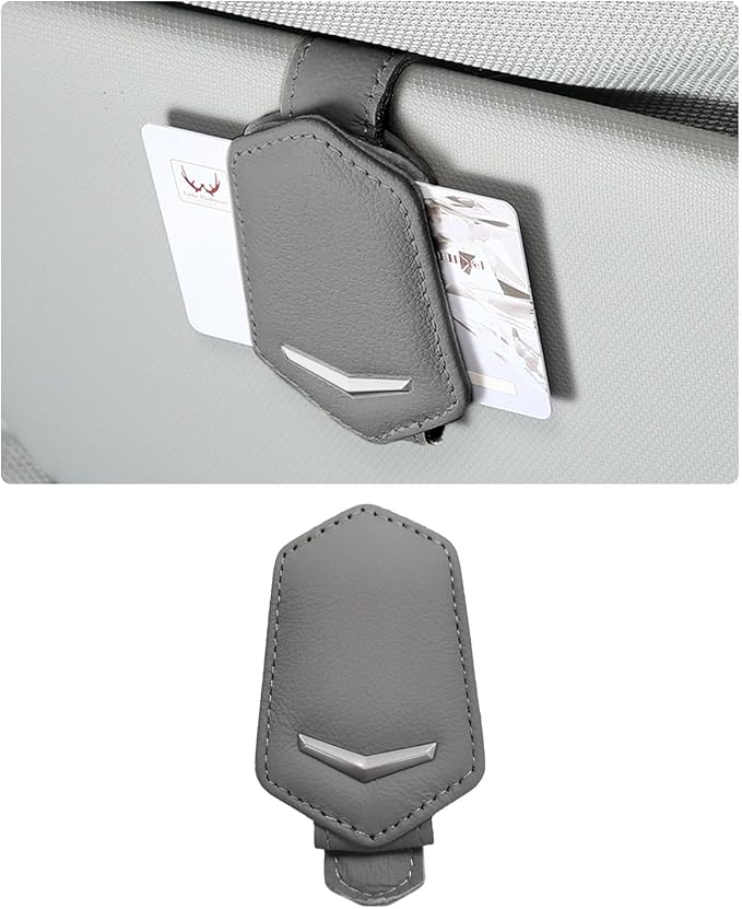 Dickno Sunglasses Holder for Car Sun Visor, Magnetic Leather Glasses Hanger Mounted with Ticket Card Clip, Universal Vehicle Interior Accessories for Different Size Eyeglasses (Gray)