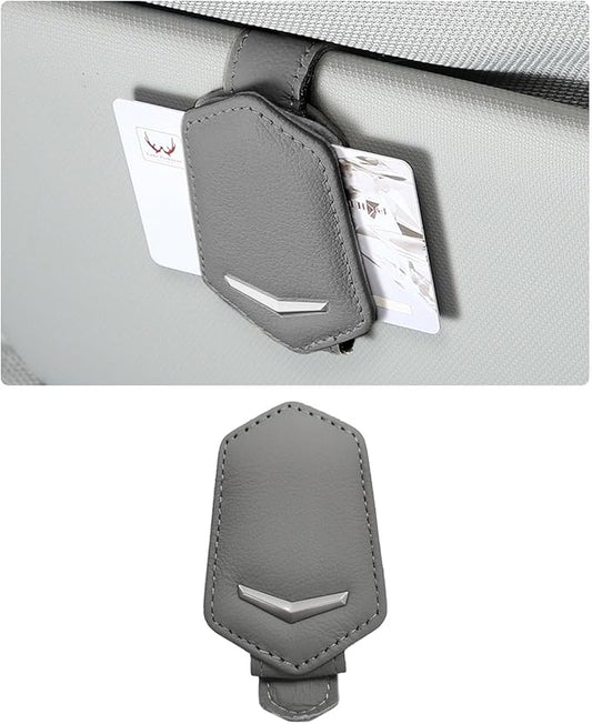 Dickno Sunglasses Holder for Car Sun Visor, Magnetic Leather Glasses Hanger Mounted with Ticket Card Clip, Universal Vehicle Interior Accessories for Different Size Eyeglasses (Gray)
