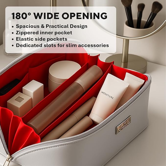 NAORI Travel Makeup Bag for Women | Large Luxury Cosmetic Organizer with Handle & Inner Pockets | Waterproof Faux Leather Toiletry Bag | Makeup Case for Home, Travel & Gifting (Soft Grey)