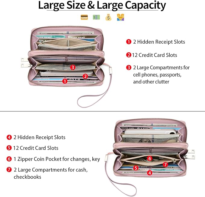 GAEKEAO Wallet for Women Clutch RFID Blocking Wristlet Leather Purse Large Capacity Credit Card Holder with Grip Hand Strap