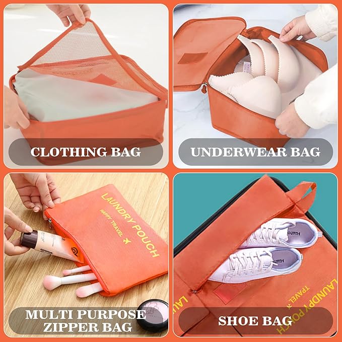 8 Set Packing Cubes for Travel Luggage Packing Bags Reusable Waterproof Suitcase Organizer Cubes Set with Shoe Bag and Toiletry Bag (Orange)