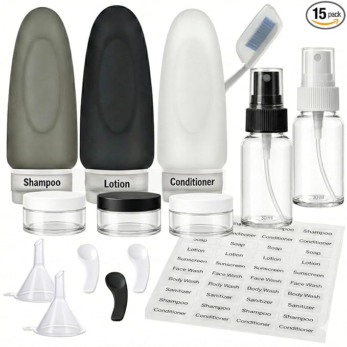 Dot&Dot Leak Proof Travel Bottles - Tubes for Liquid TSA Approved 3oz 15 pc Silicone Toiletries Travel Shampoo & Conditioner Containers with Labels