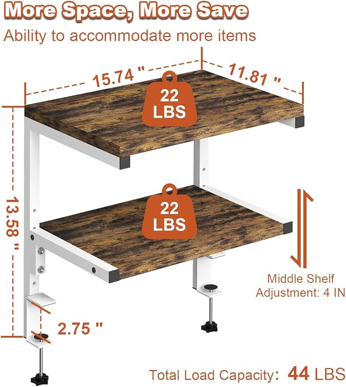 Mondazie Clamp on Desk Organizer Shelf, Heavy-Duty Desk Extender Side Table with 2-Tier Adjustable Storage Shelves for Desktop Accessories, Gaming Devices, White
