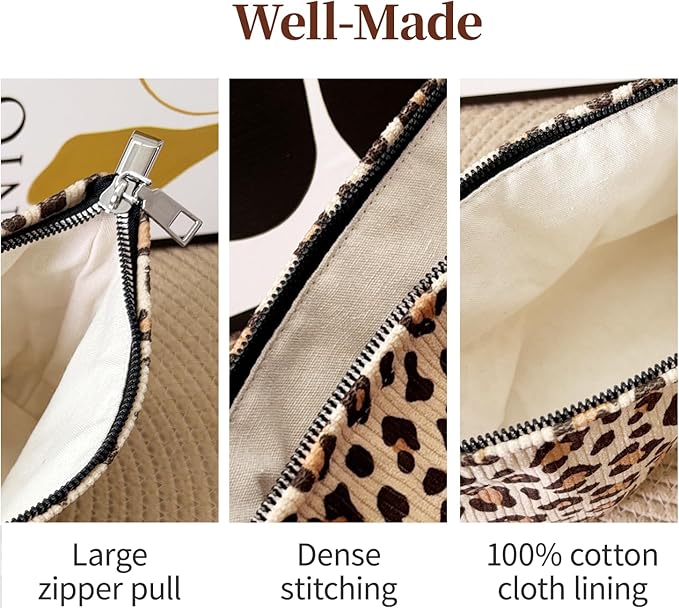 Leopard Print Corduroy Makeup Bag for Women – Soft Cosmetic Travel Pouch with Zipper Closure, Large Toiletry Organizer with Lining, Stylish Animal Print Makeup Case for Purse or Travel